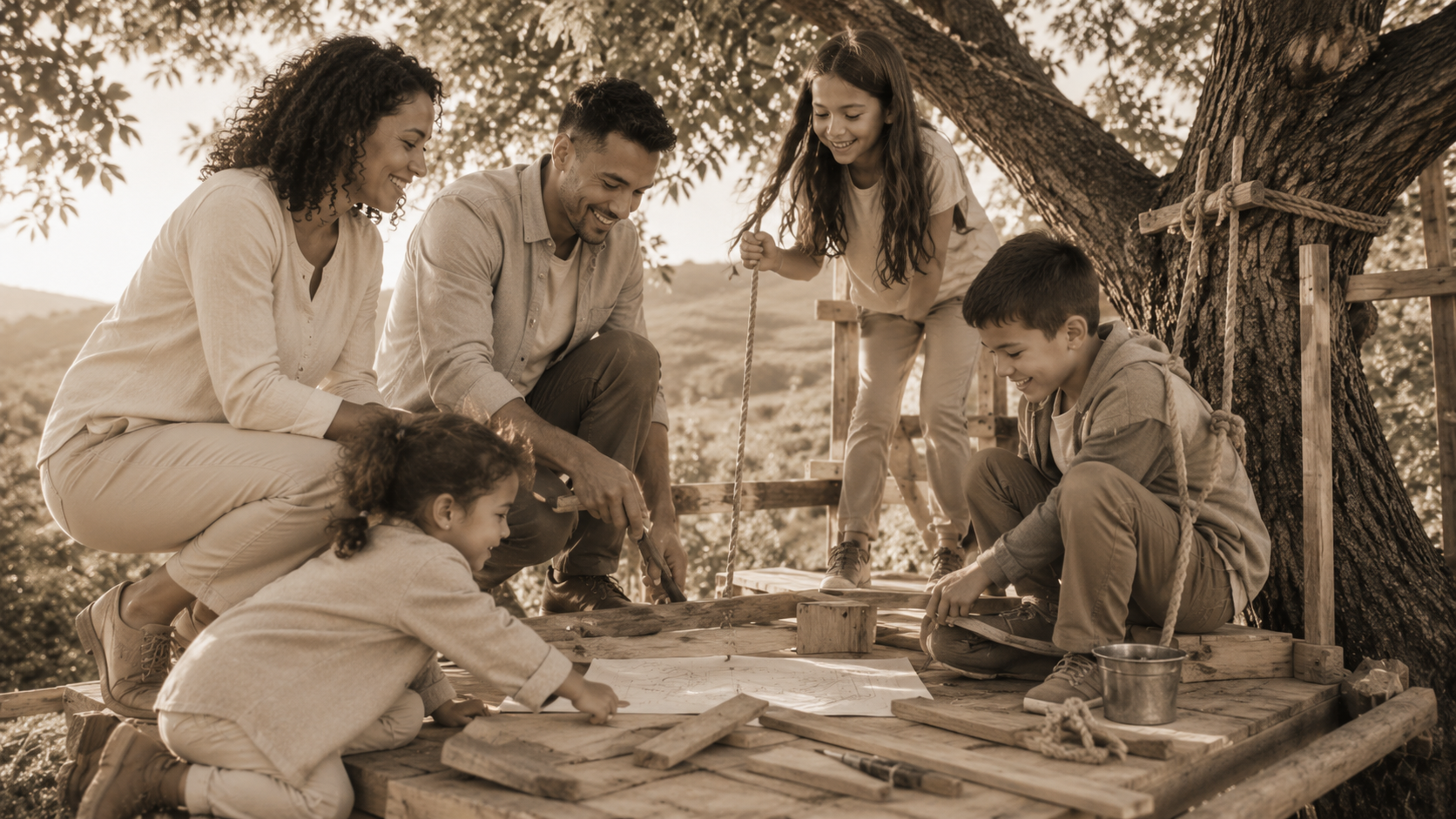 Familia construyendo una casa en el árbol como metáfora de aprendizaje colaborativo