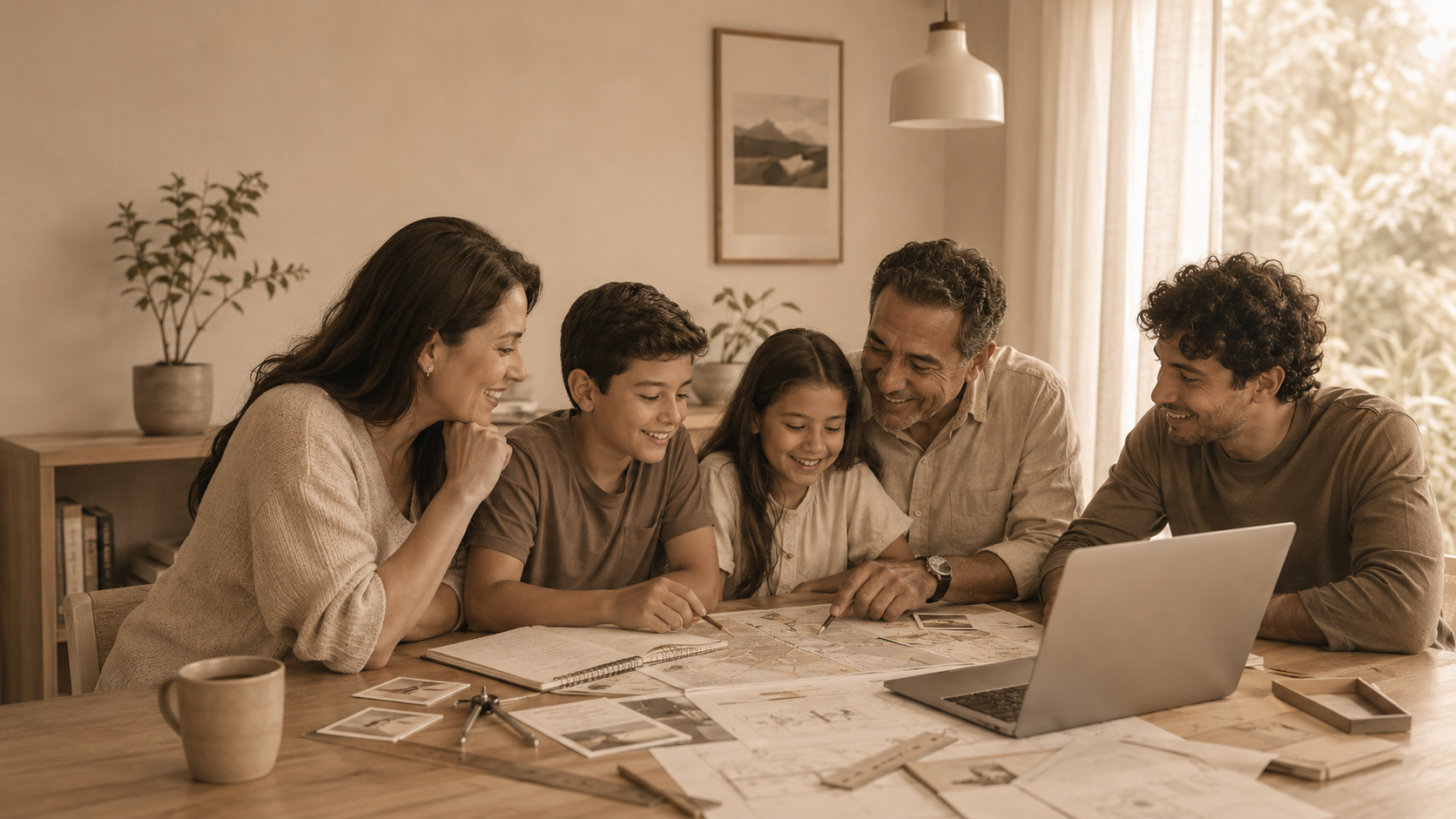 Familia jugando en casa entre cartas, libros, mapas y ordenador