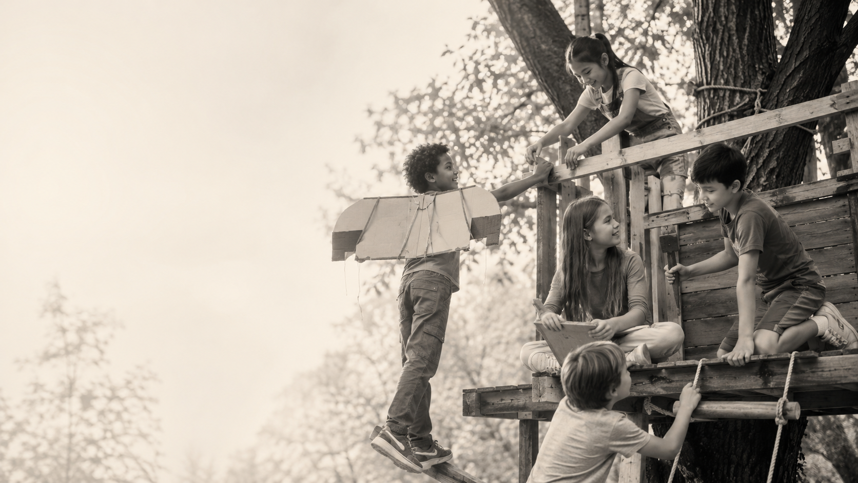Grupo de niños construyendo una casa en el árbol