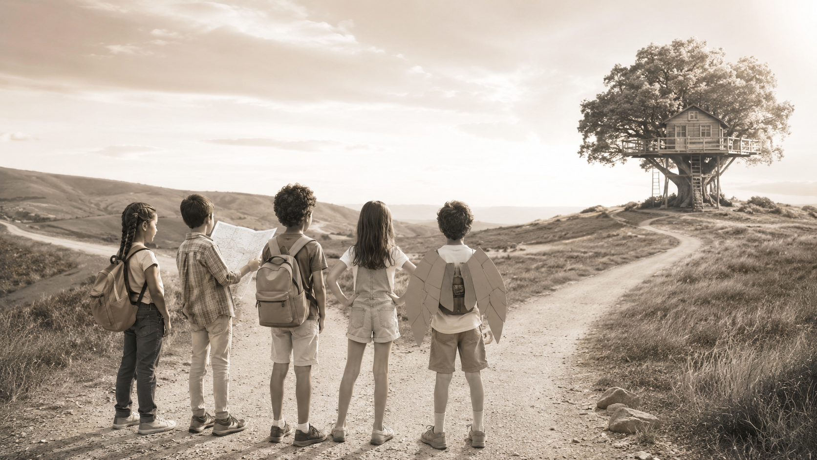 Grupo de niños en una encrucijada de caminos
